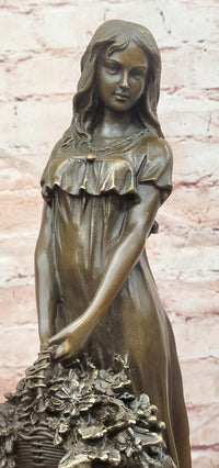 Bronze Sculpture of a Young Woman Holding a Basket of Flowers, Signed Milo Statue