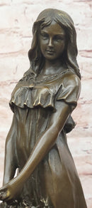 Bronze Sculpture of a Young Woman Holding a Basket of Flowers, Signed Milo Statue