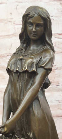 Bronze Sculpture of a Young Woman Holding a Basket of Flowers, Signed Milo Statue