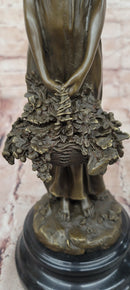 Bronze Sculpture of a Young Woman Holding a Basket of Flowers, Signed Milo Statue