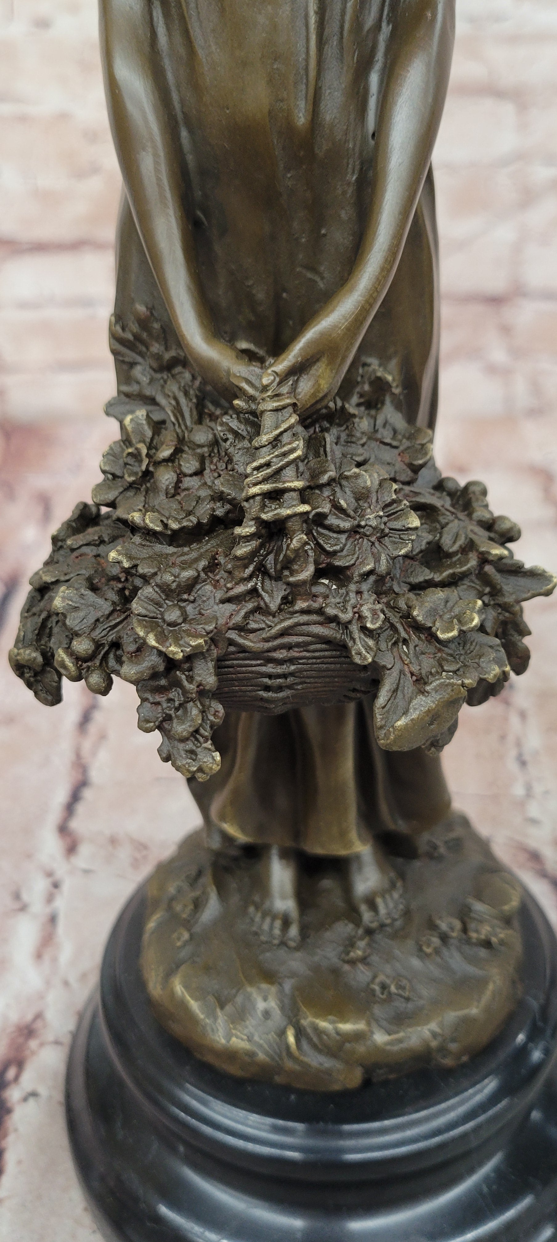 Bronze Sculpture of a Young Woman Holding a Basket of Flowers, Signed Milo Statue