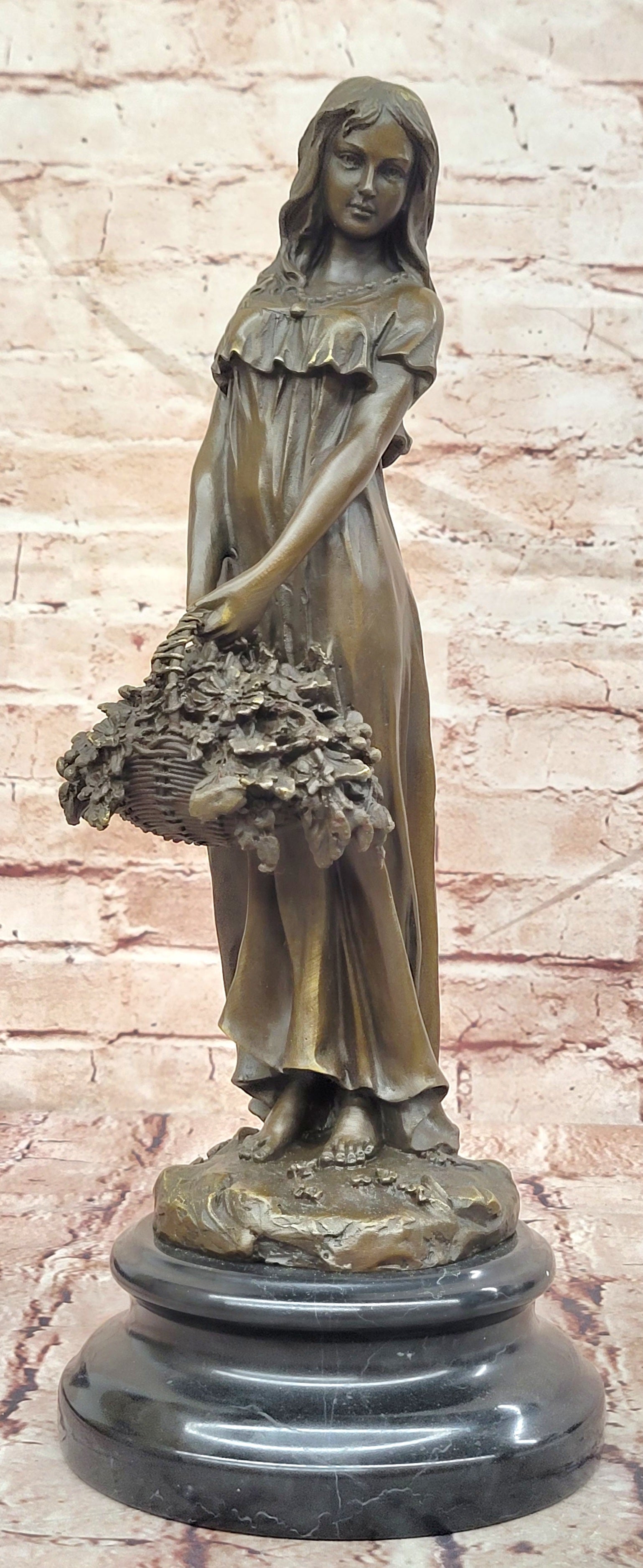 Bronze Sculpture of a Young Woman Holding a Basket of Flowers, Signed Milo Statue
