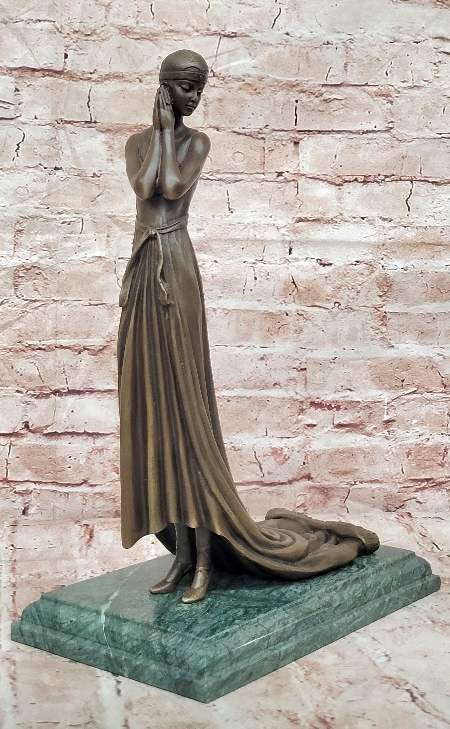Elegant Bronze Lady Sculpture – Art Deco Figurine In Flowing Dress signed J.Erte