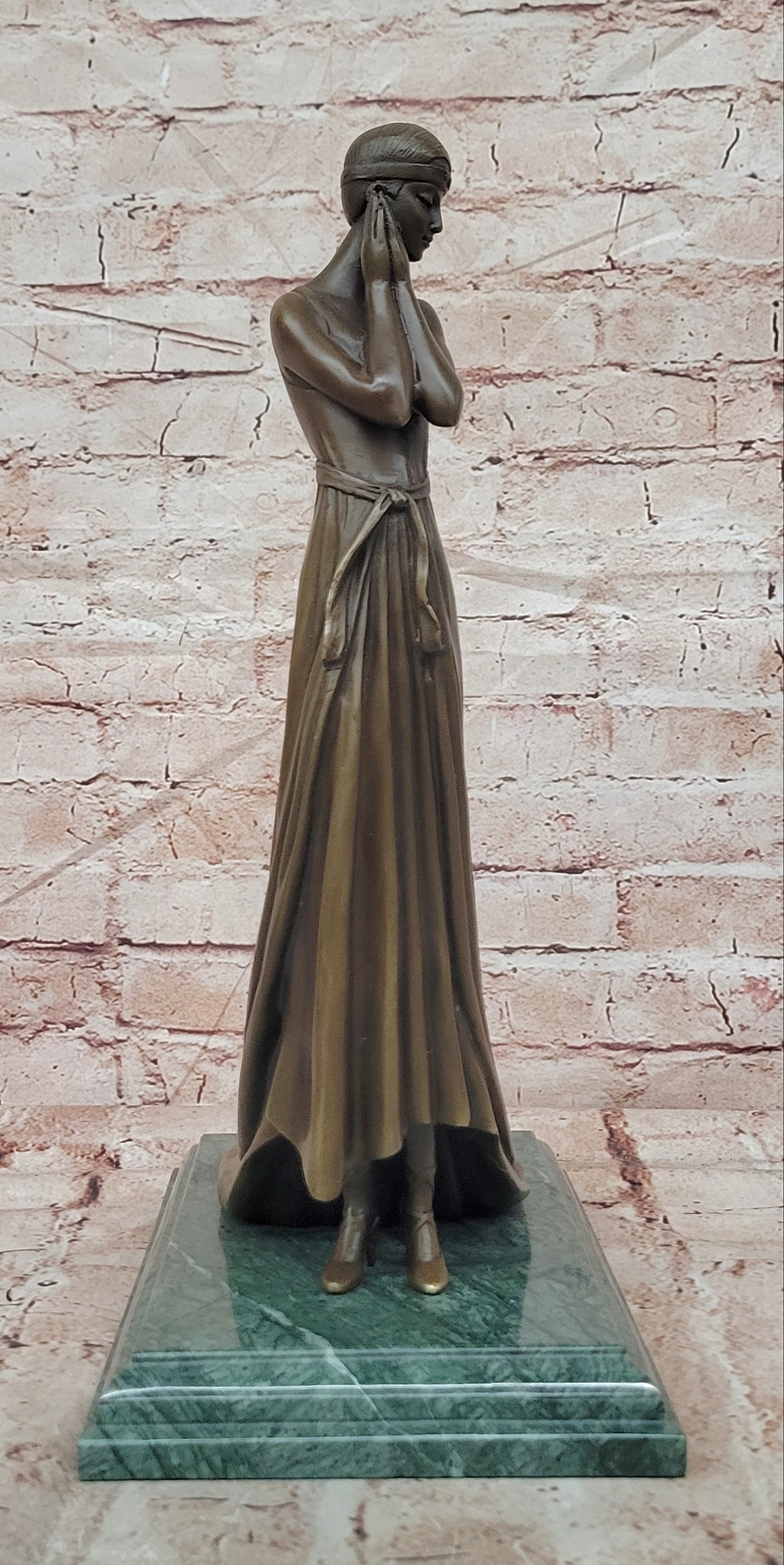 Elegant Bronze Lady Sculpture – Art Deco Figurine In Flowing Dress signed J.Erte