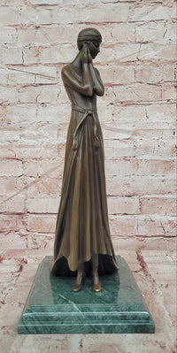 Elegant Bronze Lady Sculpture – Art Deco Figurine In Flowing Dress signed J.Erte