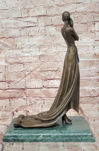 Elegant Bronze Lady Sculpture – Art Deco Figurine In Flowing Dress signed J.Erte
