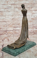 Elegant Bronze Lady Sculpture – Art Deco Figurine In Flowing Dress signed J.Erte