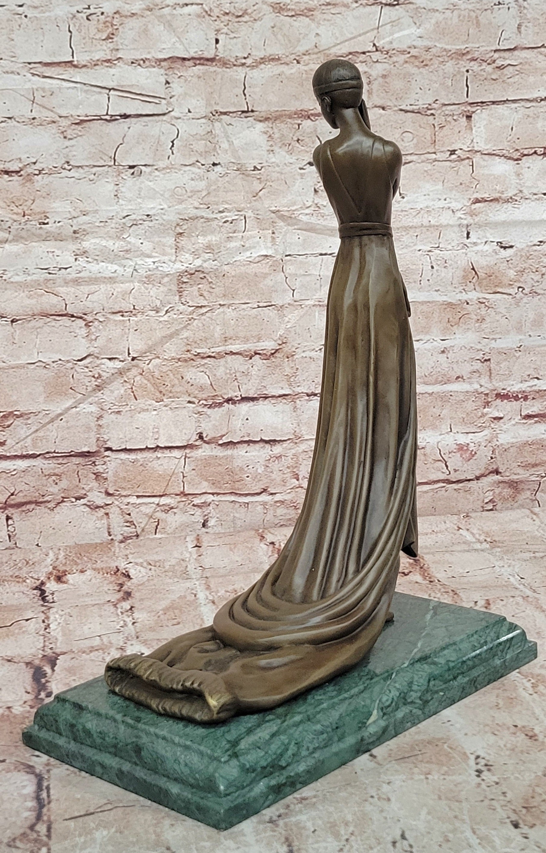 Elegant Bronze Lady Sculpture – Art Deco Figurine In Flowing Dress signed J.Erte