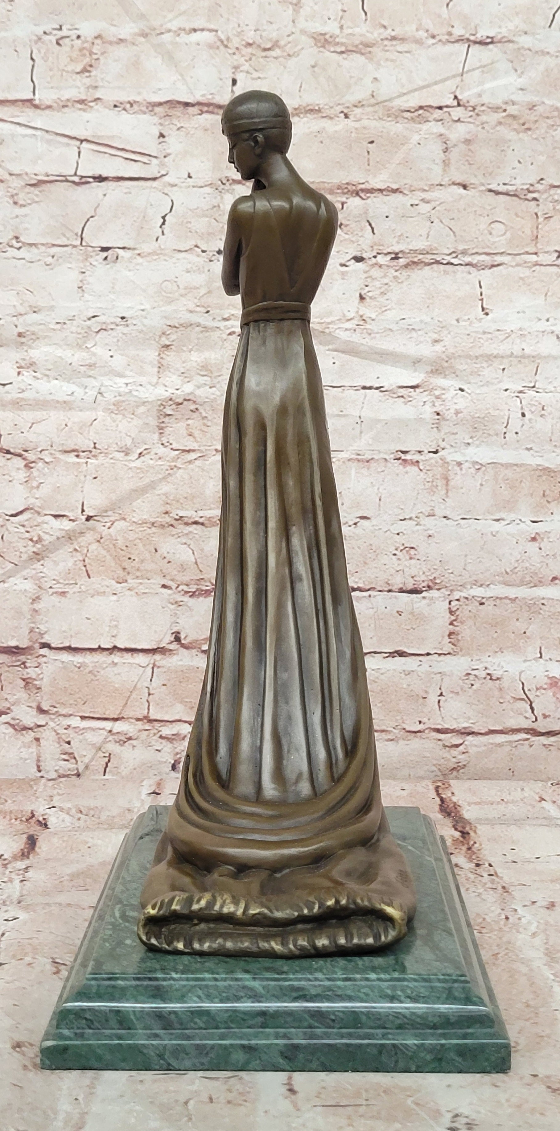 Elegant Bronze Lady Sculpture – Art Deco Figurine In Flowing Dress signed J.Erte