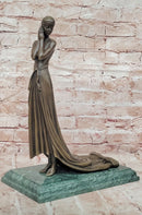 Elegant Bronze Lady Sculpture – Art Deco Figurine In Flowing Dress signed J.Erte