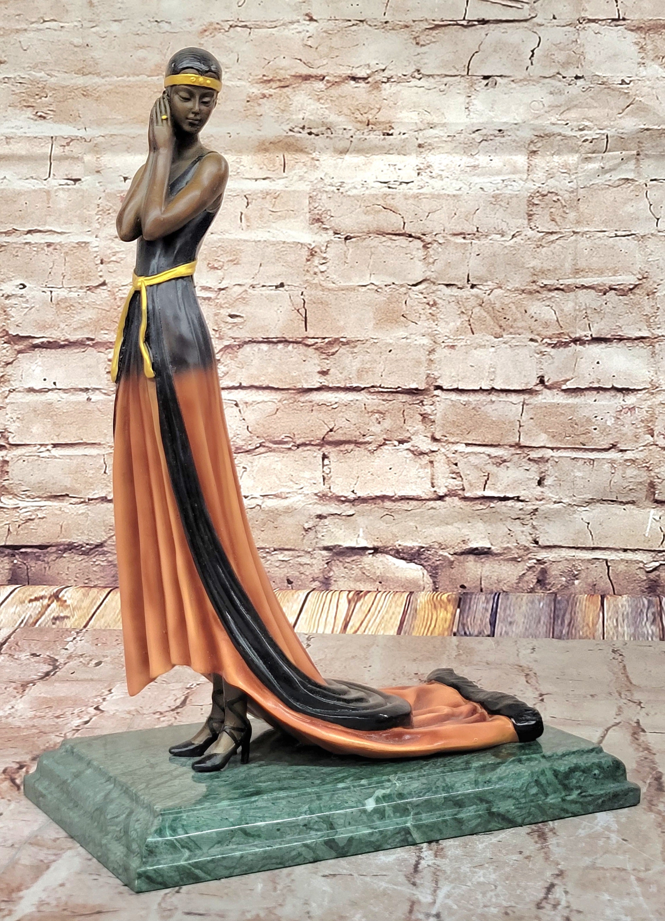 Bronze Lady Sculpture – Art Deco in Flowing Dress with Patina