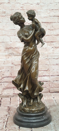 Bronze Sculpture a Tender Scene of a Mother Holding Her Child Signed Moreau