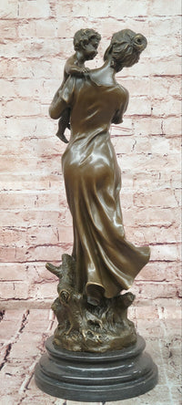 Bronze Sculpture a Tender Scene of a Mother Holding Her Child Signed Moreau