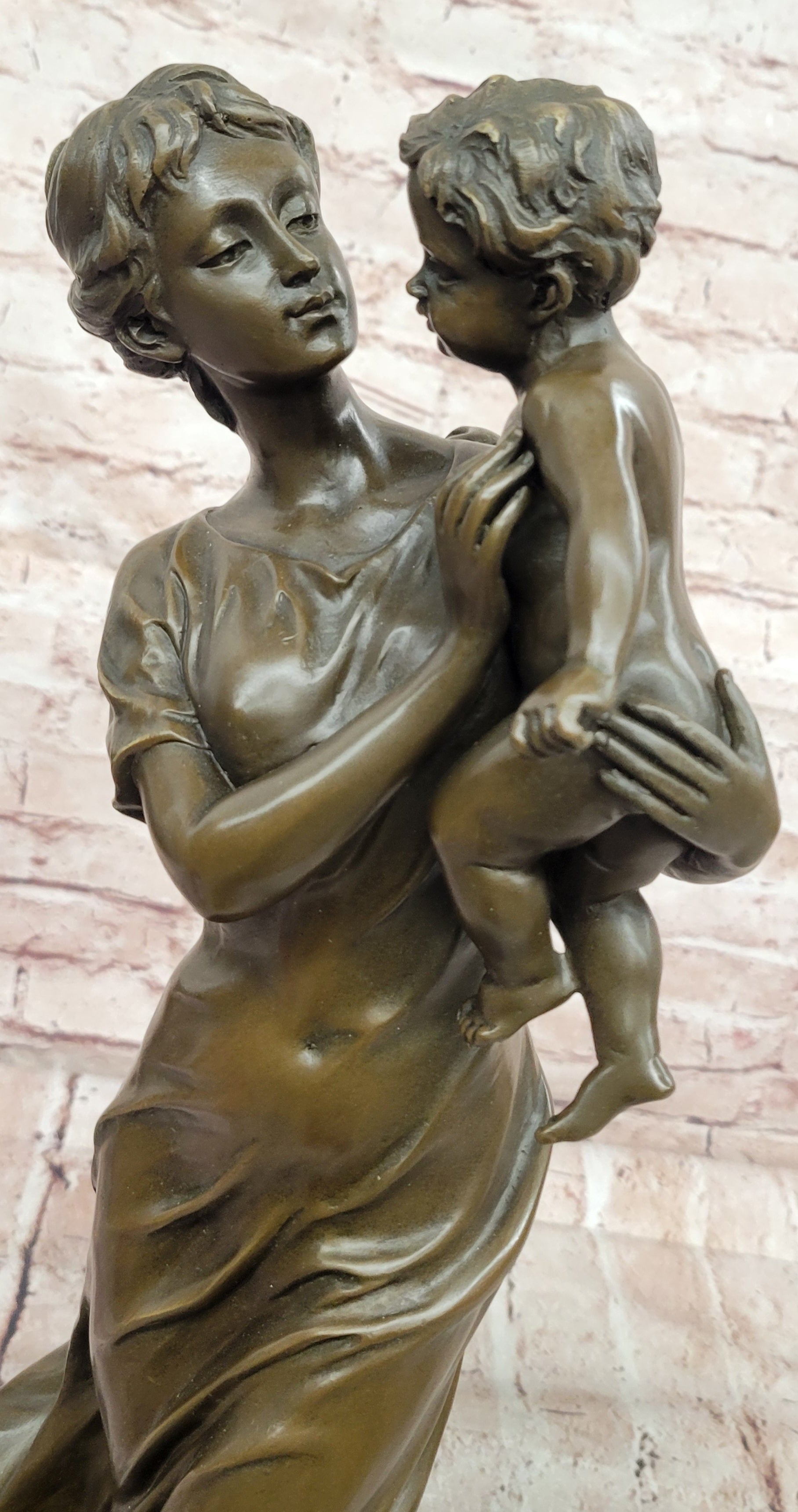 Bronze Sculpture a Tender Scene of a Mother Holding Her Child Signed Moreau