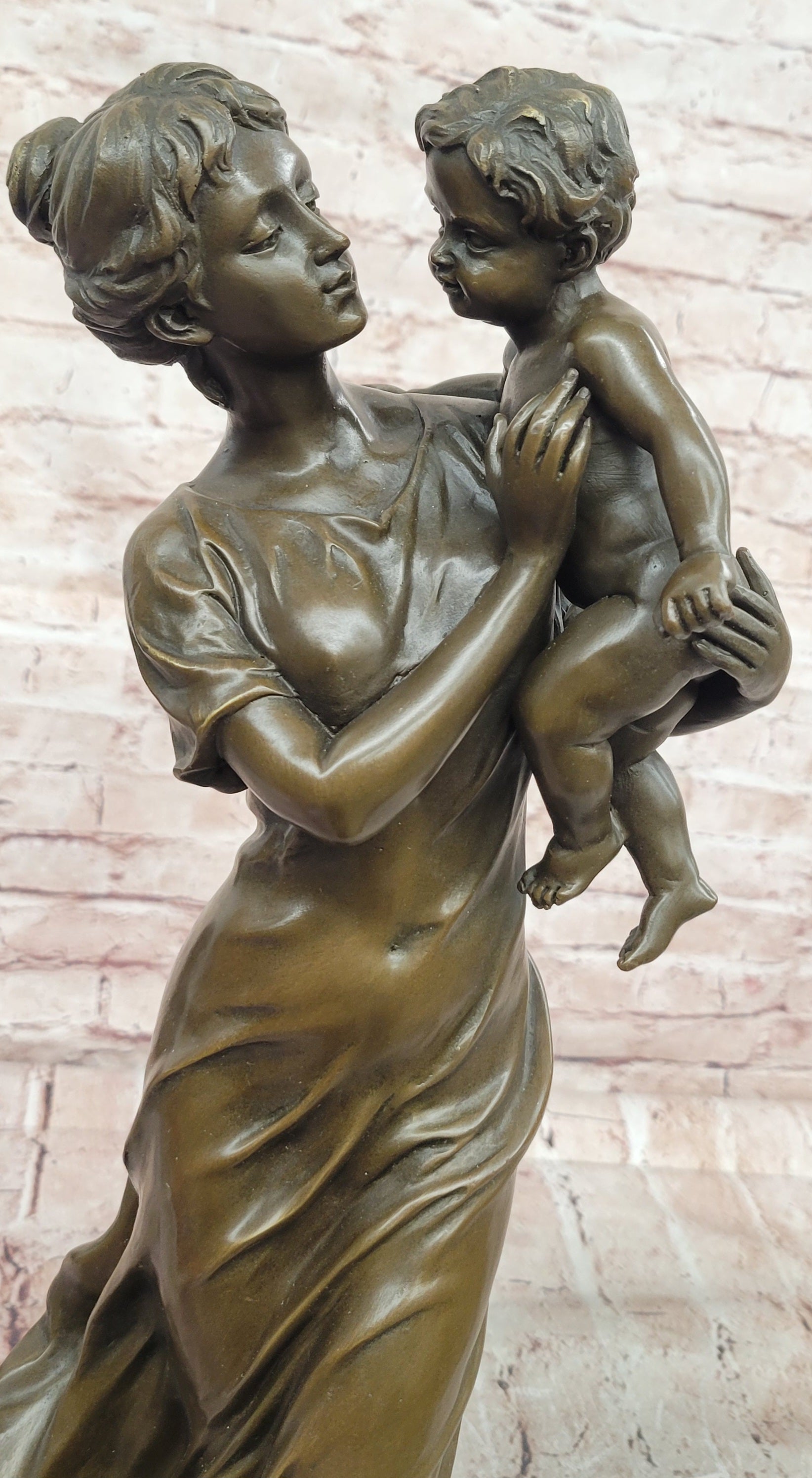 Bronze Sculpture a Tender Scene of a Mother Holding Her Child Signed Moreau