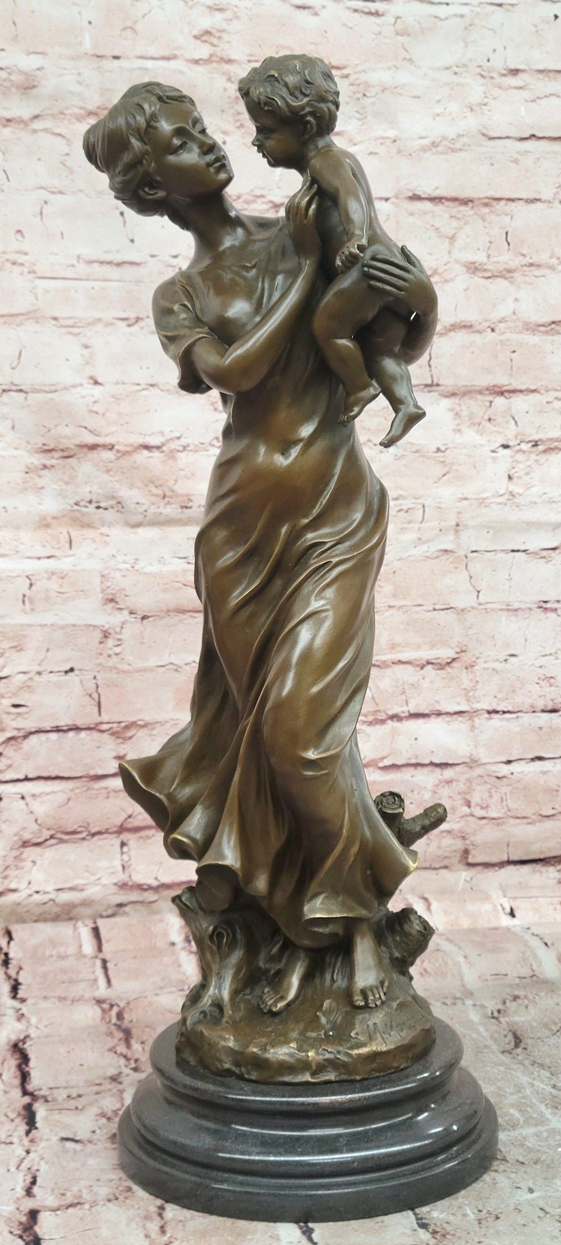 Bronze Sculpture a Tender Scene of a Mother Holding Her Child Signed Moreau