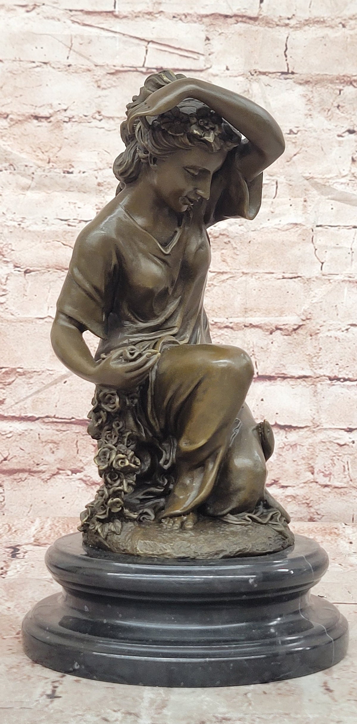 Hand Made the Spring by Cesaro woman with Roses Genuine Bronze Sculpture Statue