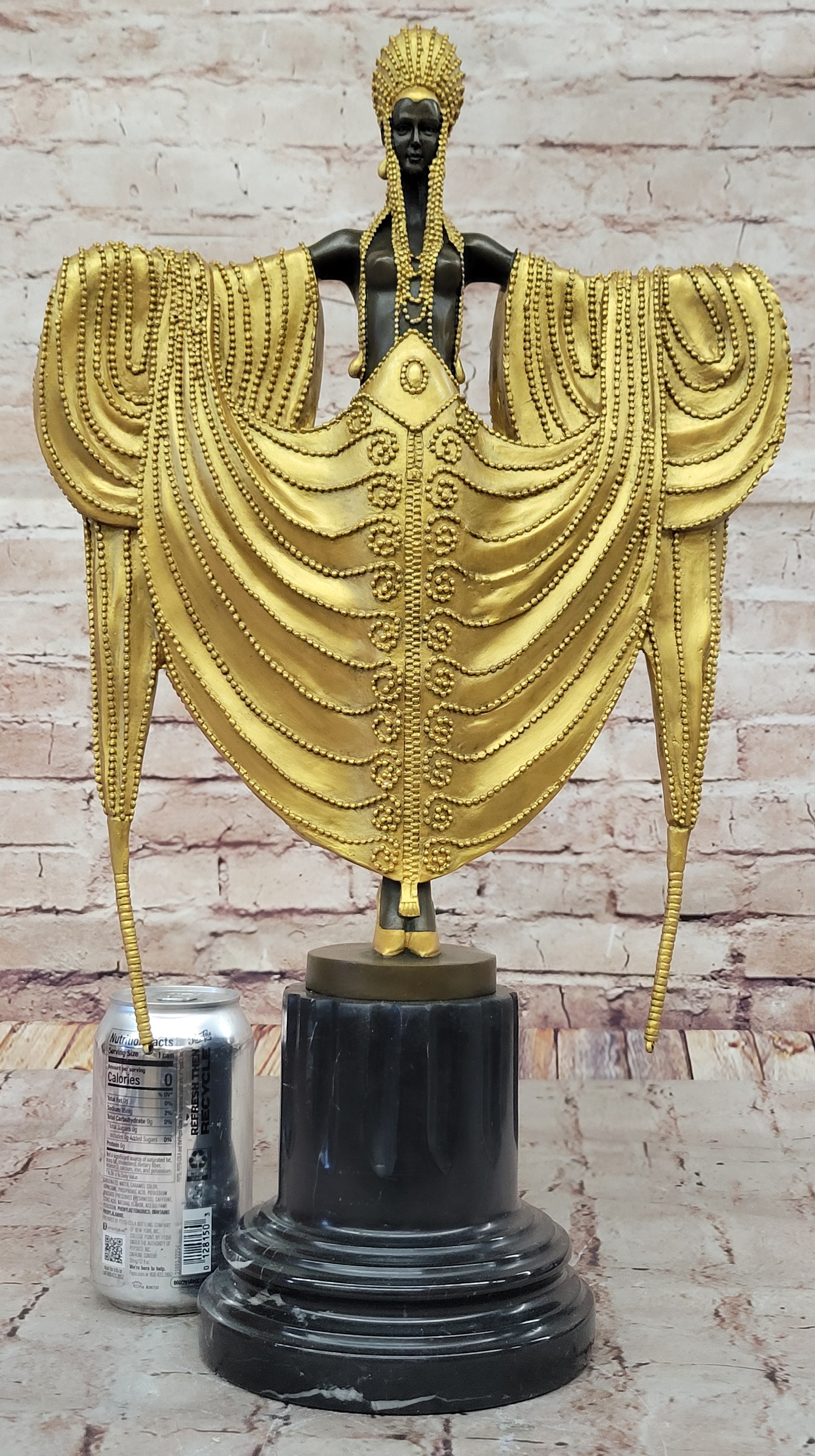 J. Erte Art Deco Golden Lady Sculpture on Marble Base