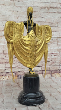 J. Erte Art Deco Golden Lady Sculpture on Marble Base