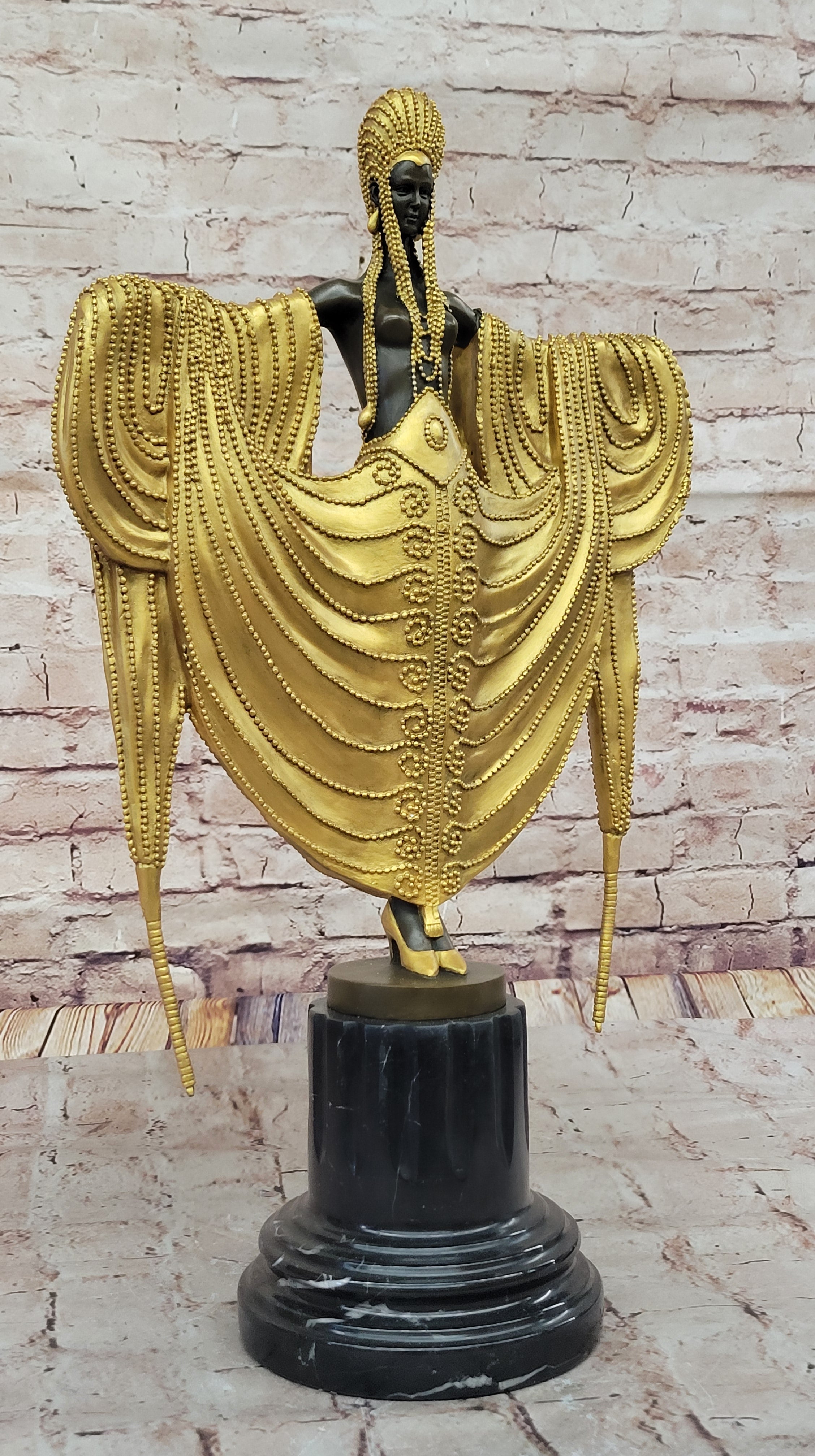 J. Erte Art Deco Golden Lady Sculpture on Marble Base