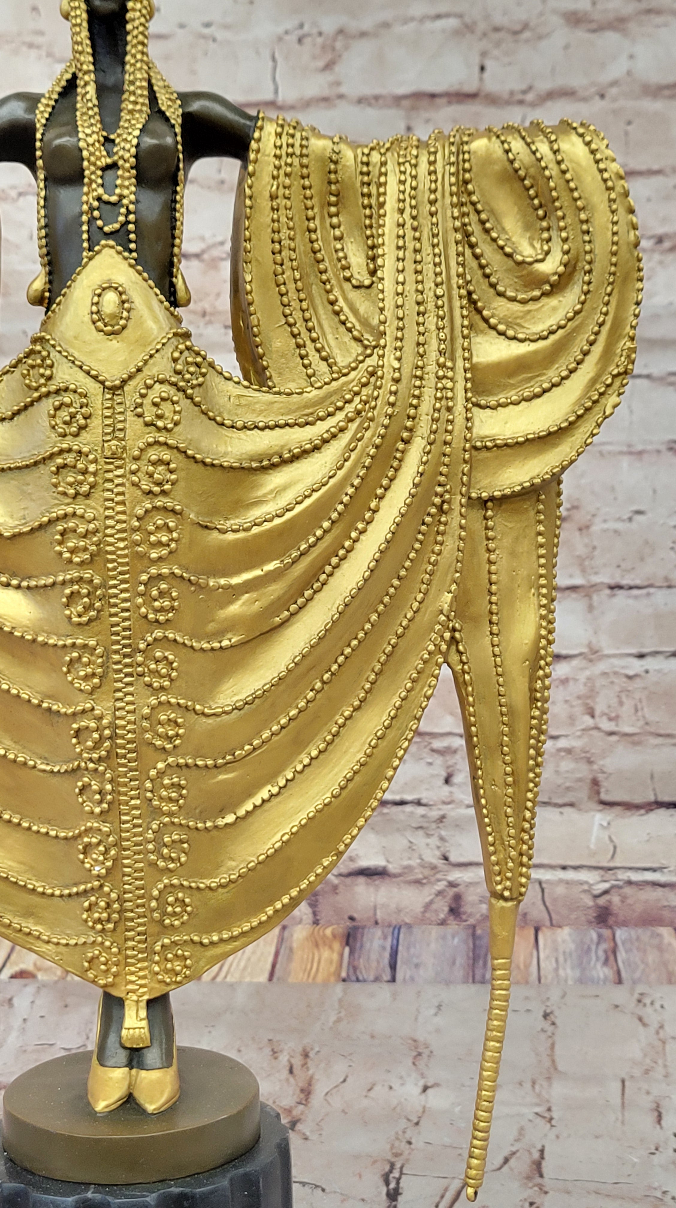 J. Erte Art Deco Golden Lady Sculpture on Marble Base