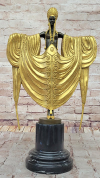 J. Erte Art Deco Golden Lady Sculpture on Marble Base