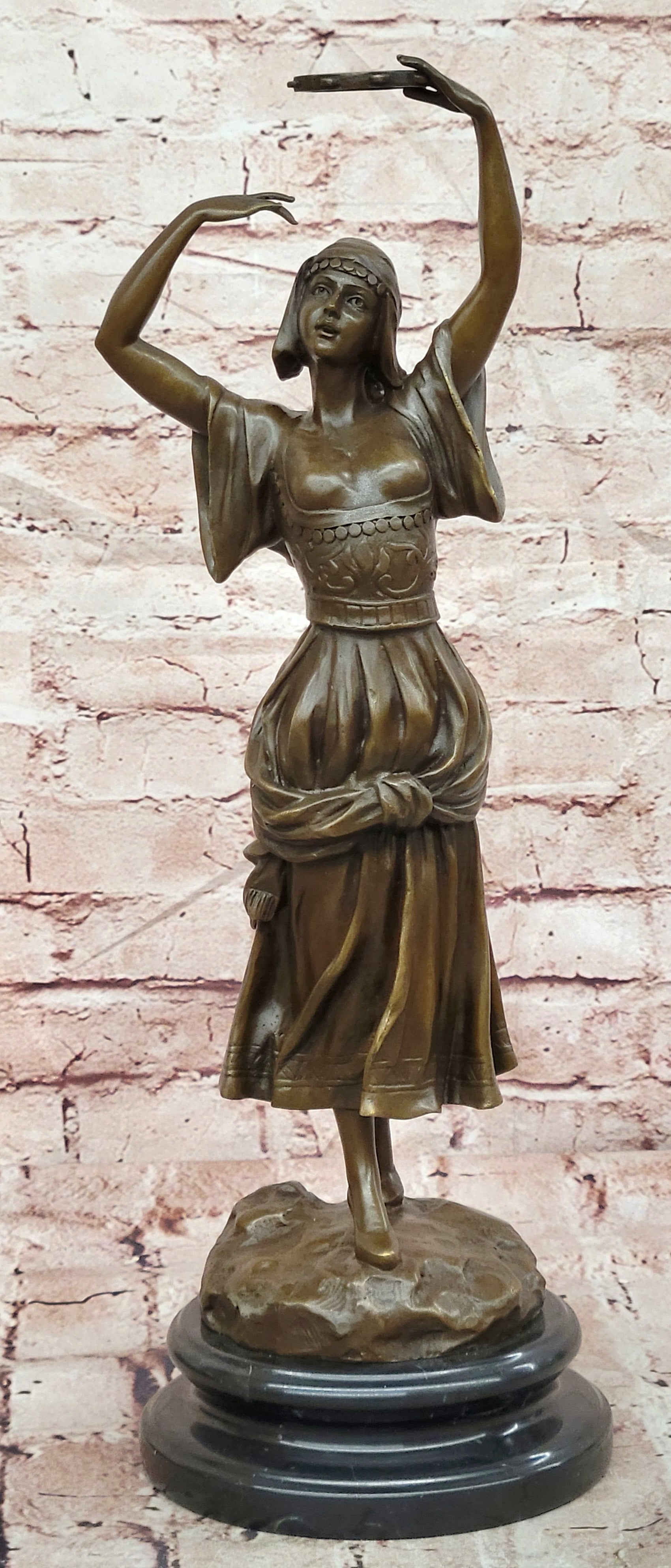 Signed Original Turkish Middle Eastern Dancer with Tambourine Bronze Sculpture