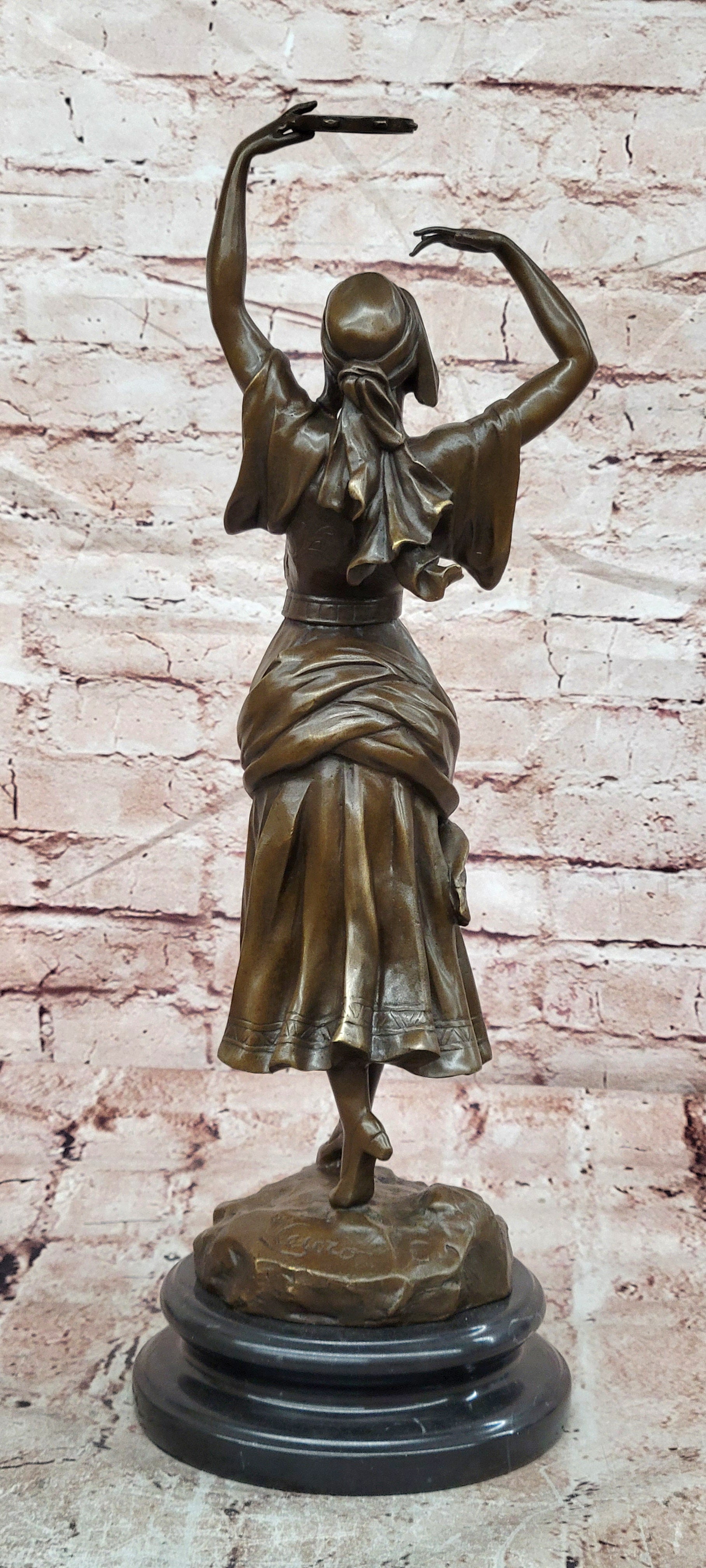 Signed Original Turkish Middle Eastern Dancer with Tambourine Bronze Sculpture
