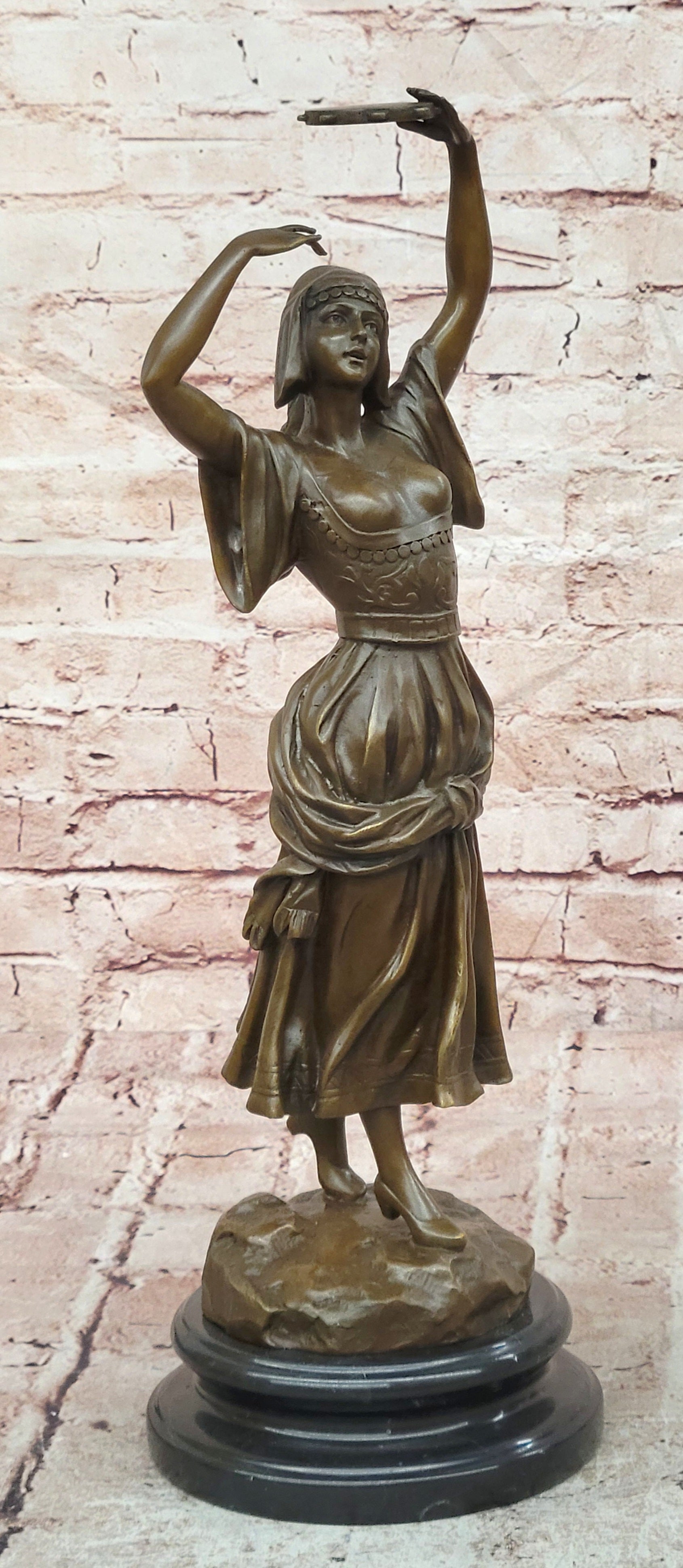 Signed Original Turkish Middle Eastern Dancer with Tambourine Bronze Sculpture