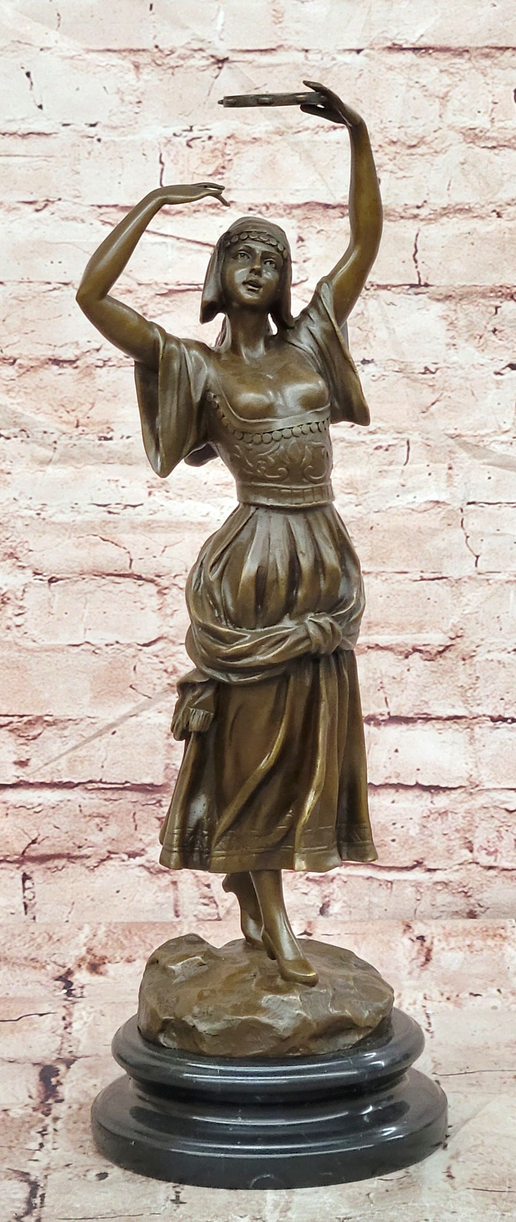 Signed Original Turkish Middle Eastern Dancer with Tambourine Bronze Sculpture