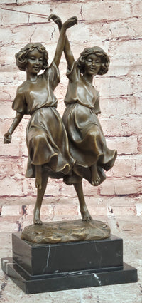 Signed W. France Twin Dancing Girls Genuine Bronze Sculpture Figurine Statue