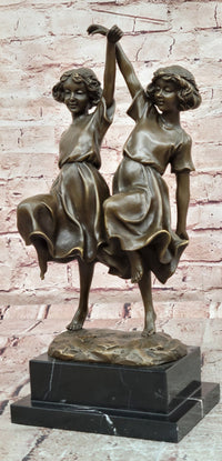 Signed W. France Twin Dancing Girls Genuine Bronze Sculpture Figurine Statue