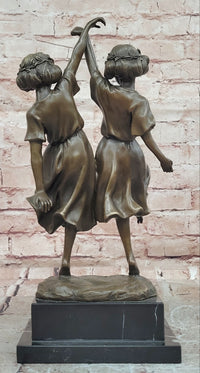 Signed W. France Twin Dancing Girls Genuine Bronze Sculpture Figurine Statue