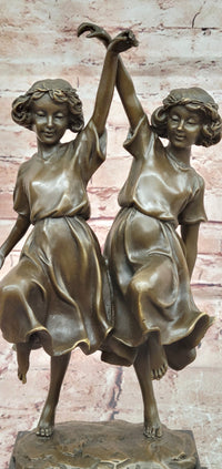 Signed W. France Twin Dancing Girls Genuine Bronze Sculpture Figurine Statue