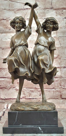 Signed W. France Twin Dancing Girls Genuine Bronze Sculpture Figurine Statue