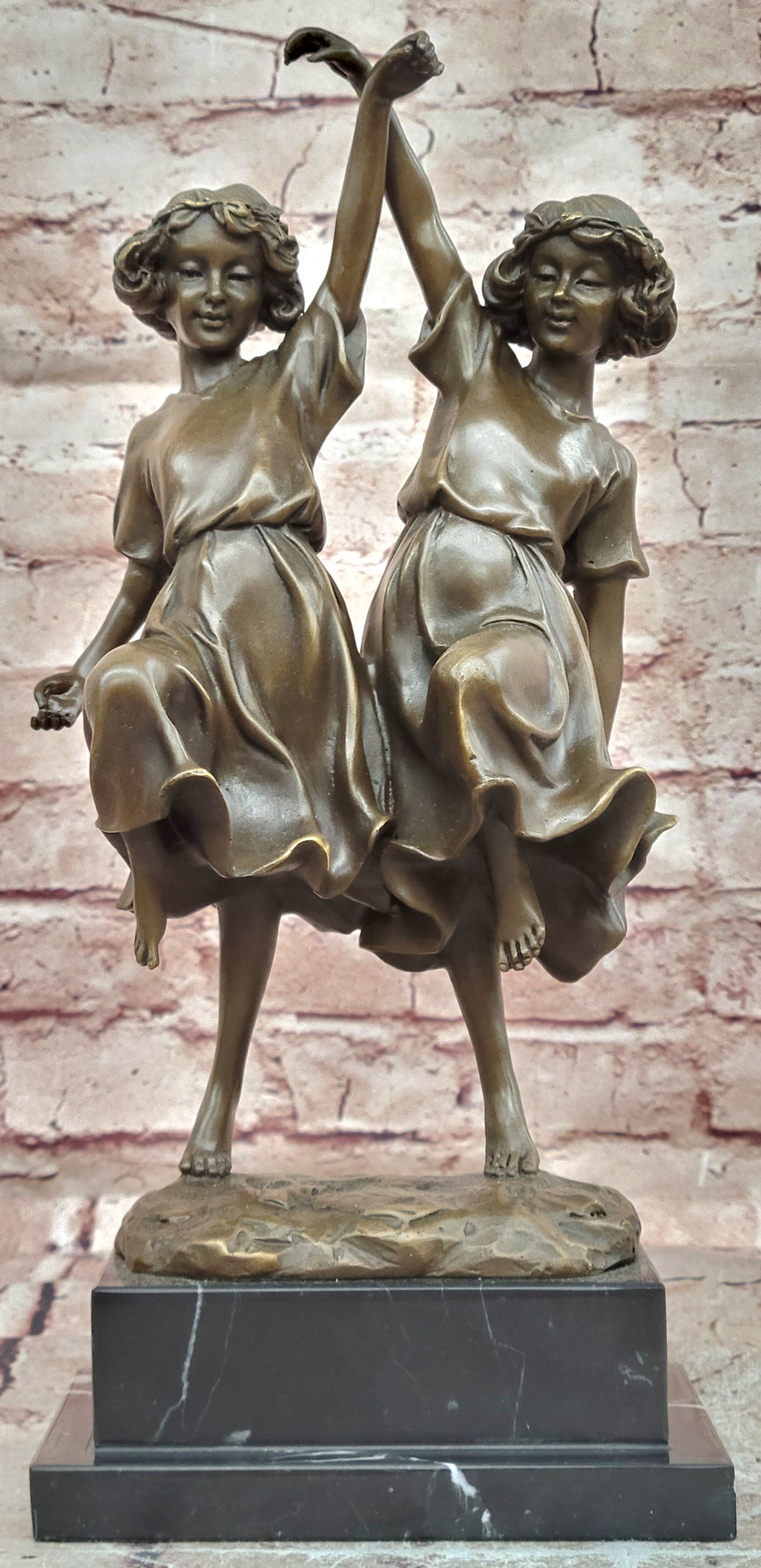 Signed W. France Twin Dancing Girls Genuine Bronze Sculpture Figurine Statue