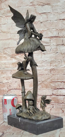 Signed Original Forest Elves on Mushrooms Art Nouveau Bronze Sculpture Statue