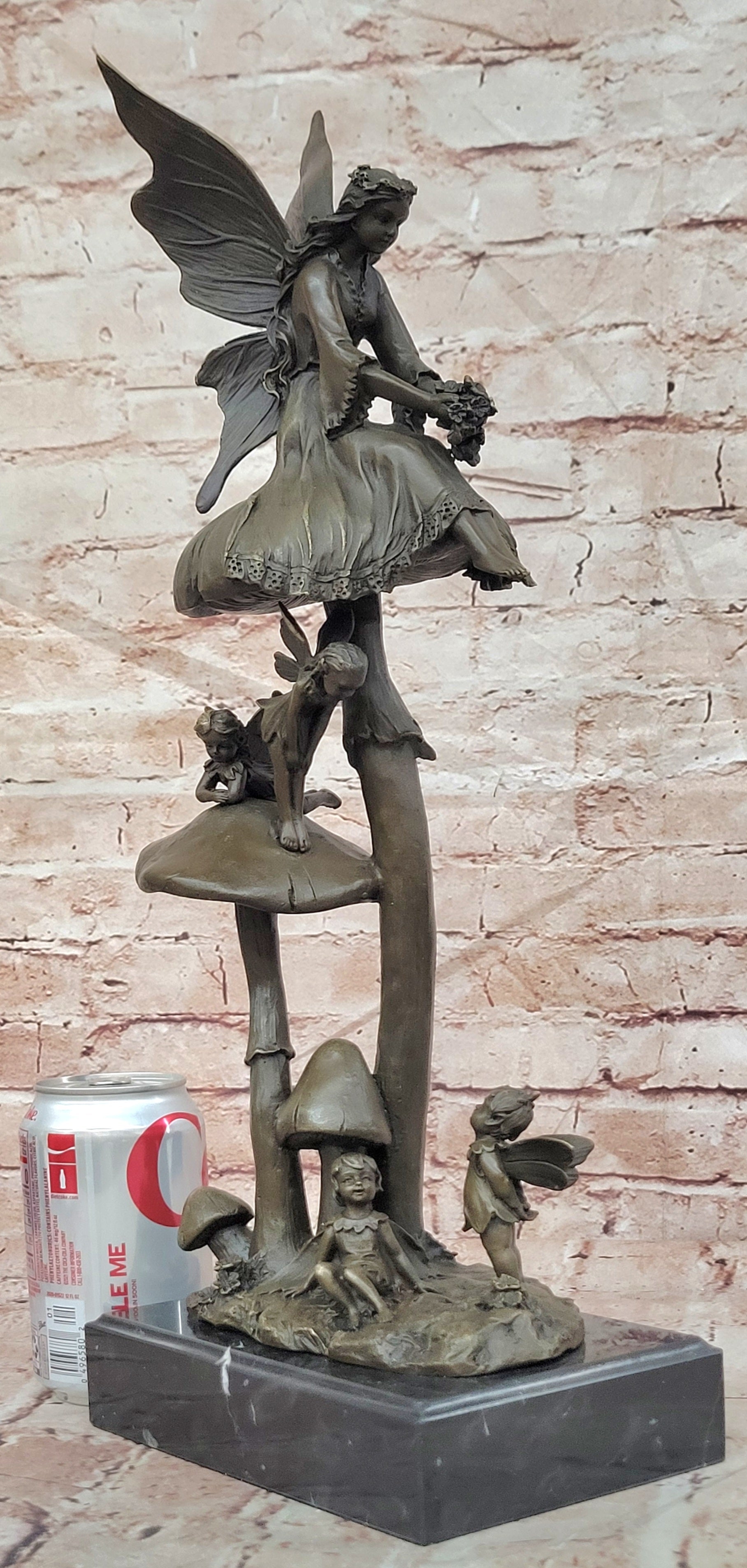 Signed Original Forest Elves on Mushrooms Art Nouveau Bronze Sculpture Statue