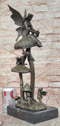 Signed Original Forest Elves on Mushrooms Art Nouveau Bronze Sculpture Statue