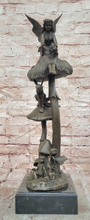 Signed Original Forest Elves on Mushrooms Art Nouveau Bronze Sculpture Statue