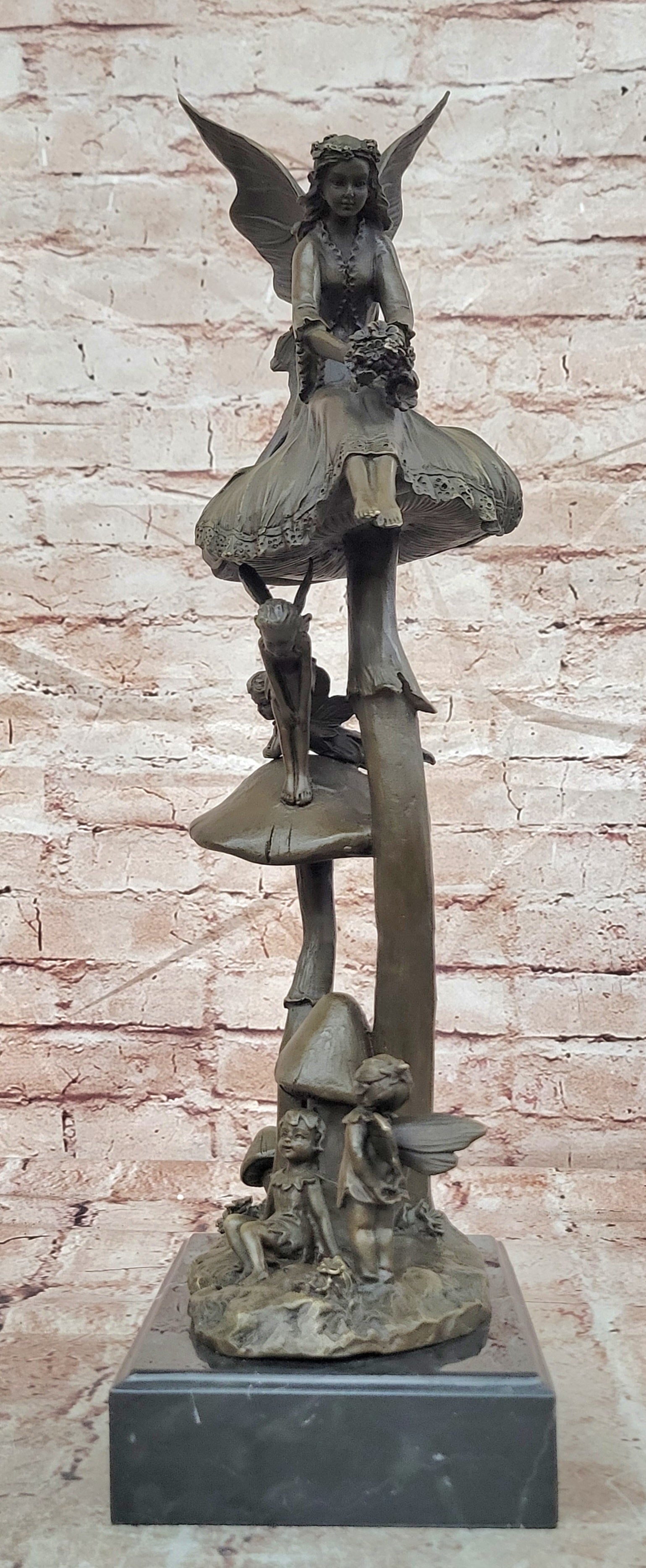 Signed Original Forest Elves on Mushrooms Art Nouveau Bronze Sculpture Statue