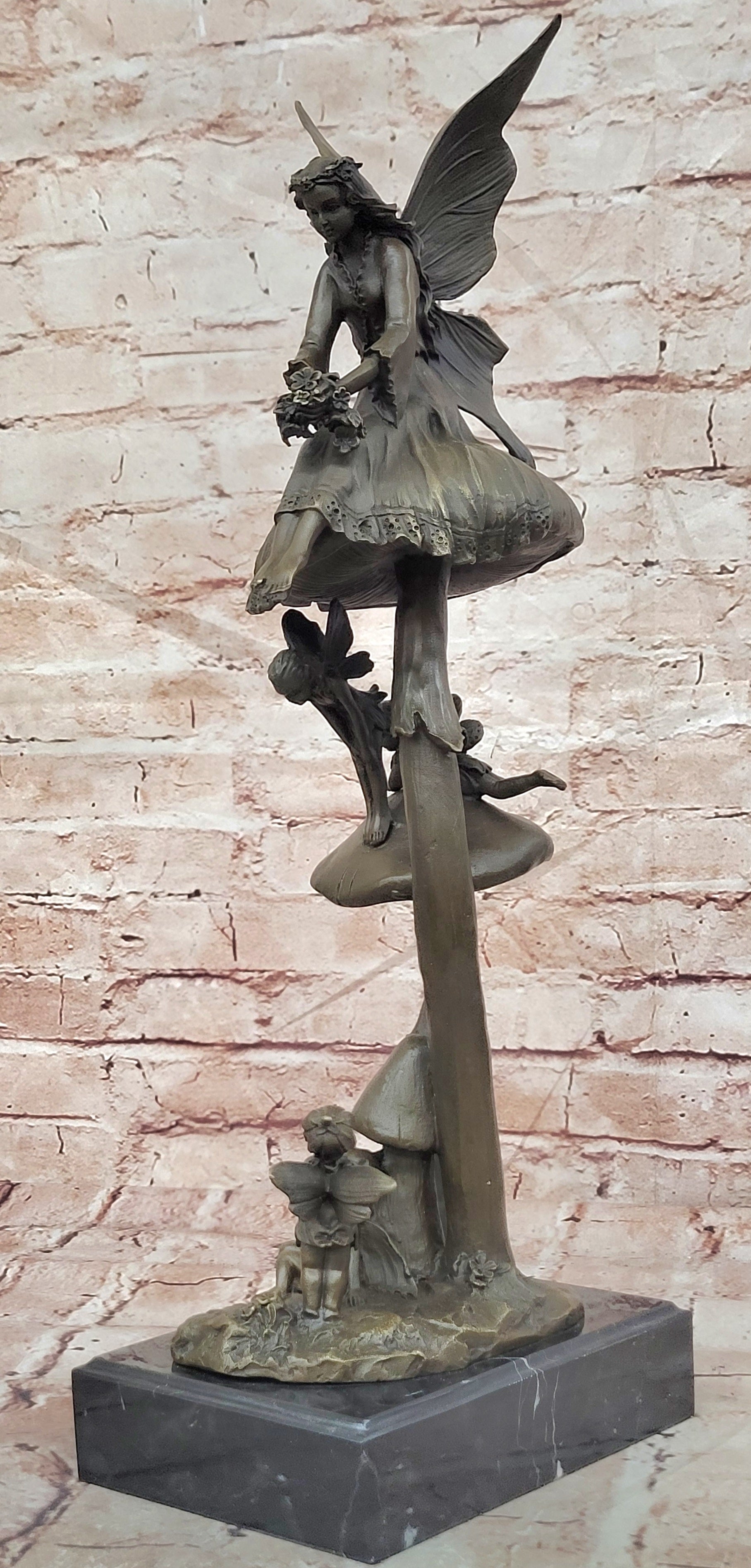 Signed Original Forest Elves on Mushrooms Art Nouveau Bronze Sculpture Statue