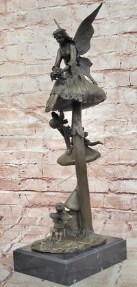 Signed Original Forest Elves on Mushrooms Art Nouveau Bronze Sculpture Statue