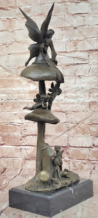 Signed Original Forest Elves on Mushrooms Art Nouveau Bronze Sculpture Statue