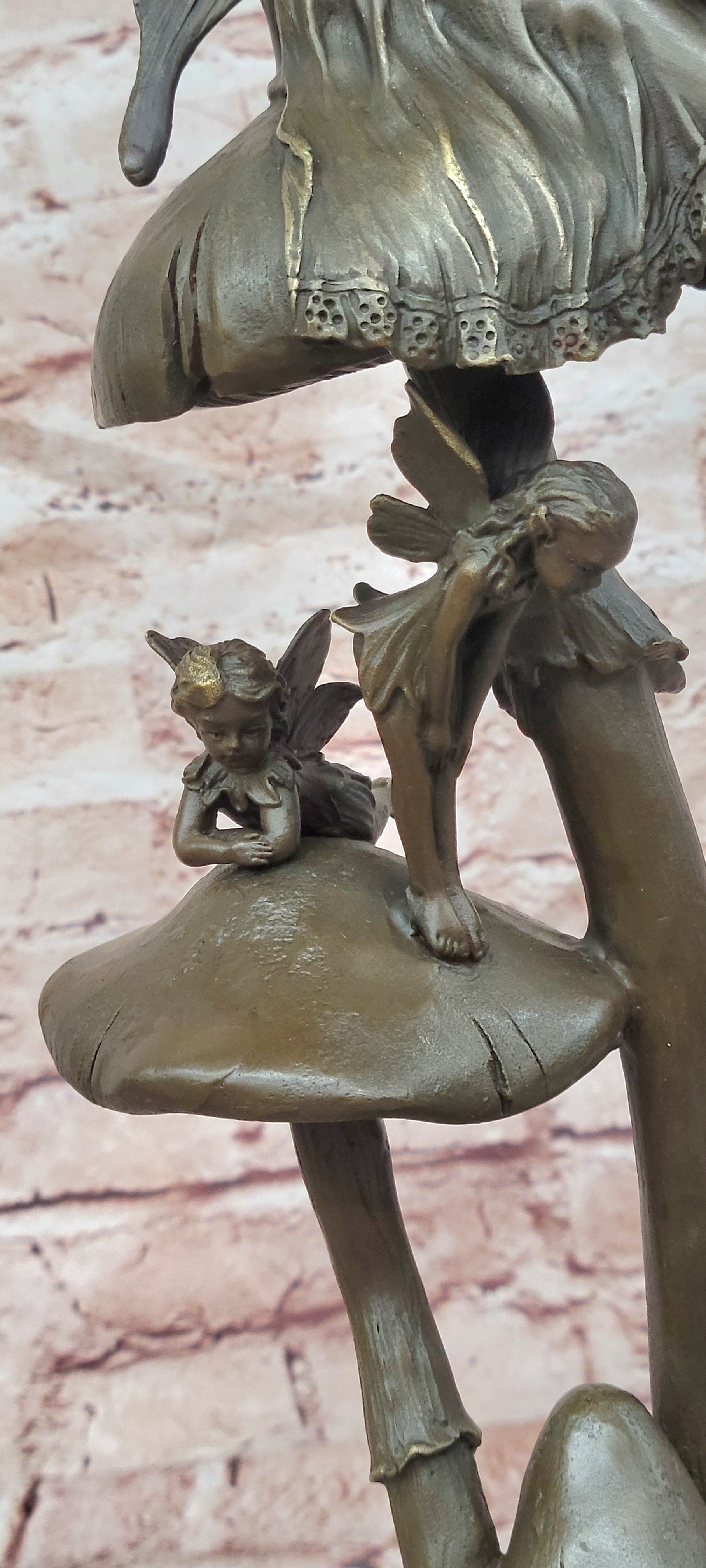 Signed Original Forest Elves on Mushrooms Art Nouveau Bronze Sculpture Statue