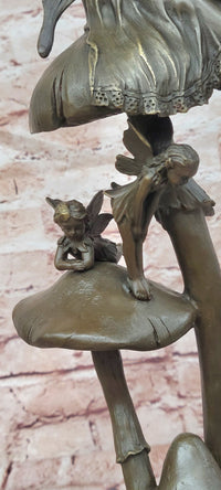 Signed Original Forest Elves on Mushrooms Art Nouveau Bronze Sculpture Statue