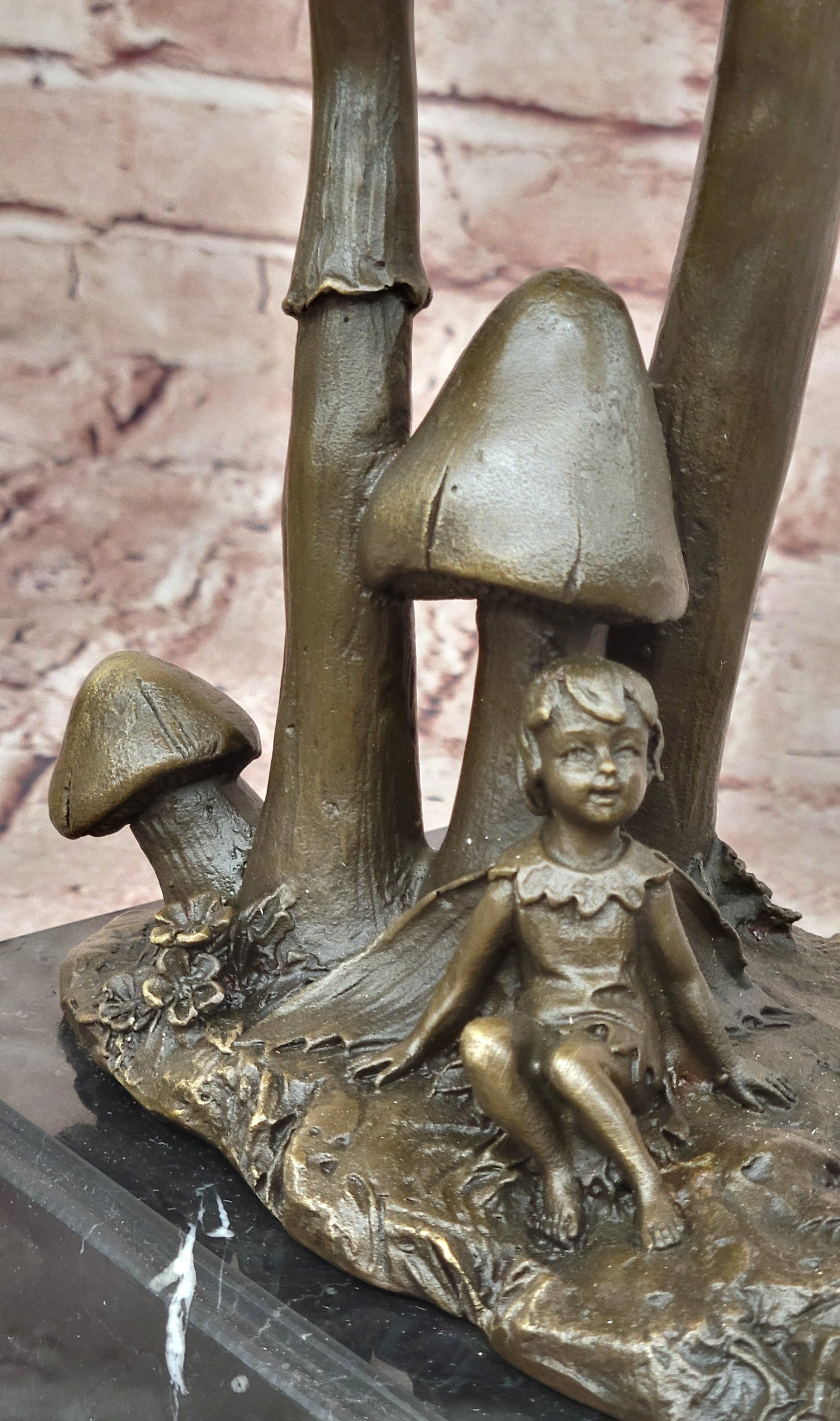 Signed Original Forest Elves on Mushrooms Art Nouveau Bronze Sculpture Statue