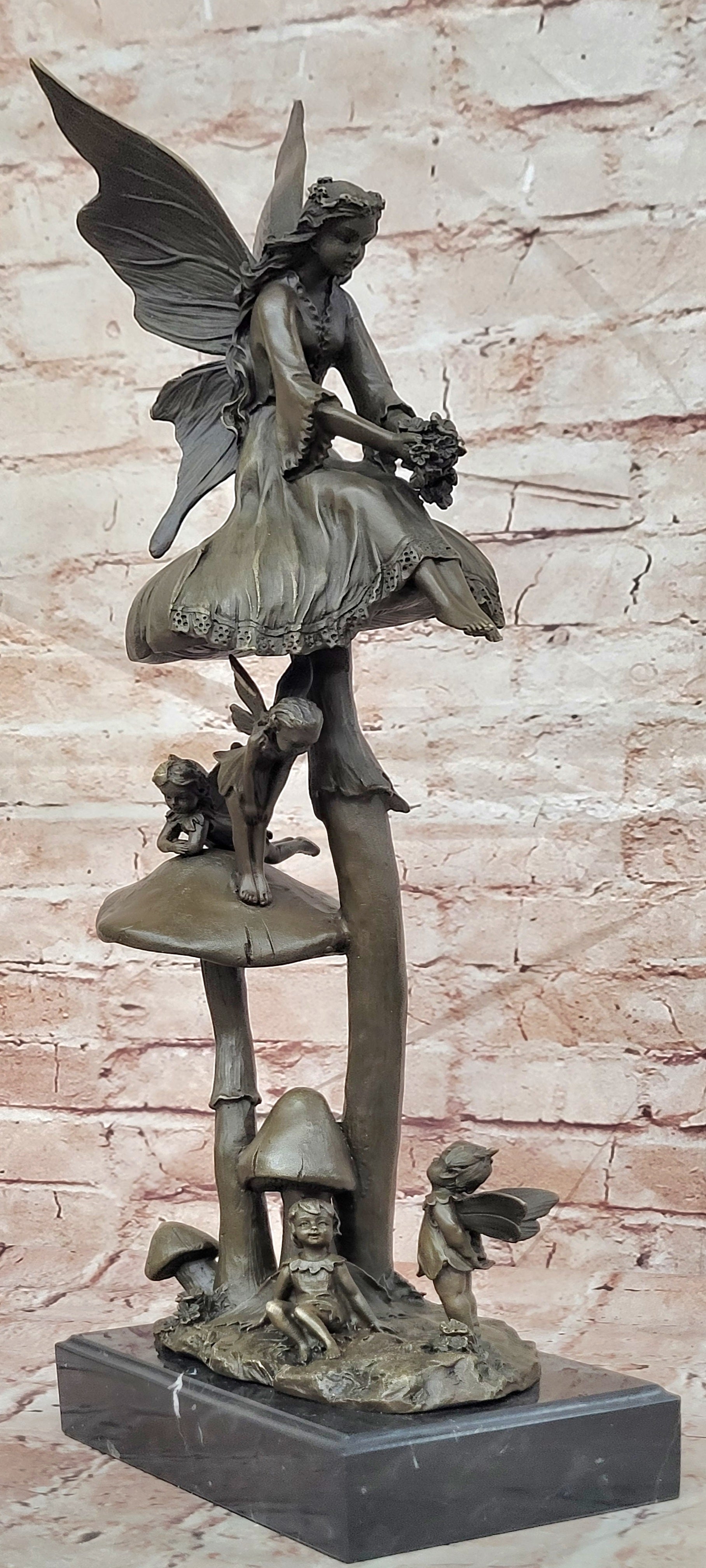 Signed Original Forest Elves on Mushrooms Art Nouveau Bronze Sculpture Statue