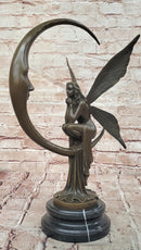 Bronze Fairy on Crescent Moon Sculpture by Mario Nick ''Celestial Dream'' Statue