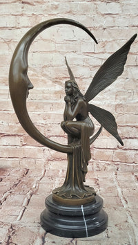 Bronze Fairy on Crescent Moon Sculpture by Mario Nick ''Celestial Dream'' Statue
